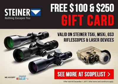 Steiner T5Xi, M5Xi, GS3 Riflescopes and Steiner eOptics Laser Devices - FREE $250 & $100 GIFT CARDS