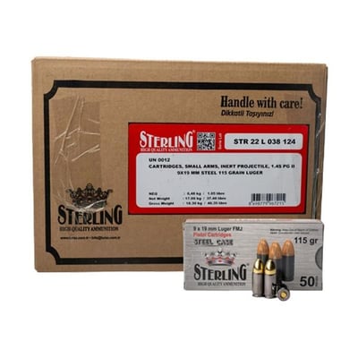 Sterling 9x19mm 115gr FMJ Steel Case 500 Round Case - $115