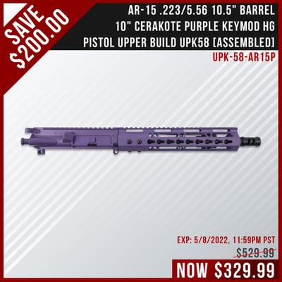 AR-15 .223/5.56 10.5" Barrel 10" Cerakote Purple Keymod Handguard Pistol Upper Build UPK58 [ASSEMBLED] - $329.99  (Free Shipping)
