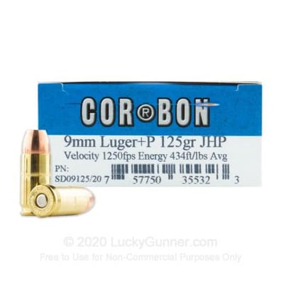 Corbon 9mm +P 125 Grain JHP 20 Rounds - $19.00