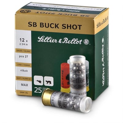 Sellier & Bellot Buckshot, 12 Ga 2 3/4" #4 27 Pellets 100 Rounds - $56.99 (Buyer’s Club price shown - all club orders over $49 ship FREE)