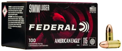 Federal AE9DP100 American Eagle 9mm Luger 115 gr Full Metal Jacket (FMJ) 100 Round Box - $25.25 