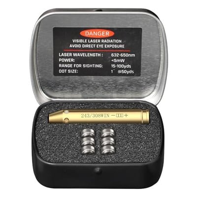 EZshoot 243 308/223 5.56mm/ 9mm/12-Gauge Red Laser Boresighter with Extra Batteries - $7.50 w/code "UDO5QUZ3" + FREE Shipping