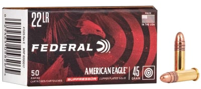 Federal American Eagle 22 Long Rifle 45gr Copper Plated "Suppressor" Ammunition 50rds - $4.99 