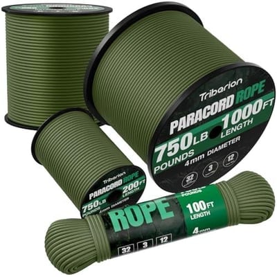 TRIBERION Paracord Rope 750 lb - 1000ft / 500ft / 200ft / 100ft 5/32" Parachute Cord 4MM 12-Strand para Cord - Heavy Duty Spool String for Survival,Camping Gear, Survival Bracelet, Clothesline - $5.52 + FREE Shipping