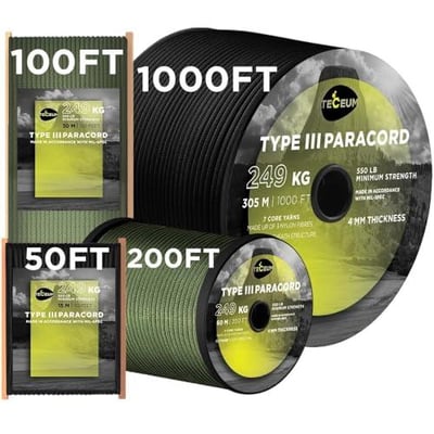 TECEUM Paracord Type III 550 Black 100 ft 4mm Tactical Rope MIL-SPEC Outdoor para Cord - $4.99 + FREE Shipping