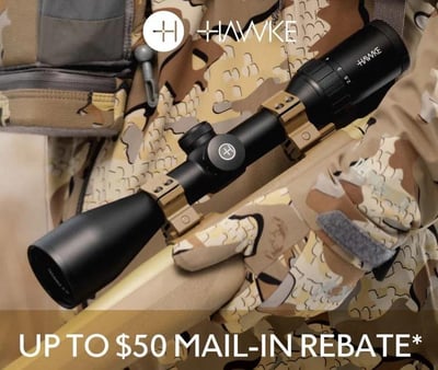 Receive up to $50 rebate Mastercard prepaid card with the purchase of a Hawke riflescope