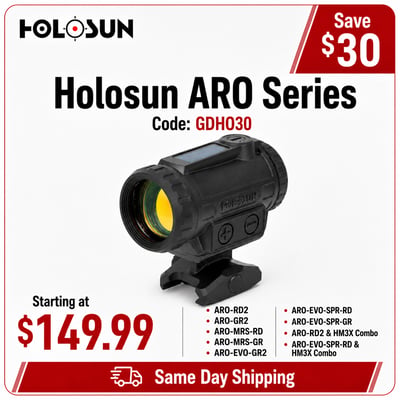 Holosun ARO Series Sale: ARO-RD2 / ARO-GR2 / ARO-MRS-RD / ARO-MRS-GR / ARO-EVO-GR2 / ARO-EVO-SPR-RD & GR / ARO-RD2 + HM3X / ARO-EVO-SPR-RD + HM3X — From $149.99 After Code GDHO30 + Same Day Shipping 