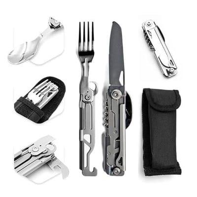 Camping Utensils 4 In 1 Stainless Steel, Safety Locking with Sheath: Knife, Spoon, Fork, Bottle Opener - $11.97 (Free S/H over $25)