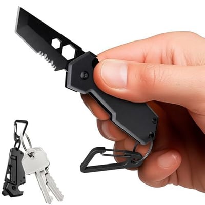 Mini Keychain Knife with Carabiner 1.3" Tanto Serrated Blade 6 in 1 Multitool Bottle Opener Box Cutter Liner Lock - $5.99 + FREE Shipping