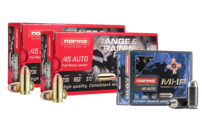 Norma Shooting .45 Auto - Train & Carry Bundle - MHP - 20 Rounds + FMJ 100 Rounds - $66.99 (Free S/H over $149)