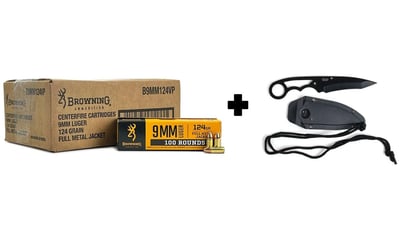Browning Training & Practice 9mm 124 Gr FMJ 1000 Rnds Case w/Master USA Neck Knife (Black) or Magazine - $244.49