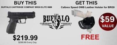 Buffalo Cartridge Company BRG9 Elite 9mm 4" 16rd + FREE OWB Leather Holster - $219.99 + Free Shipping 