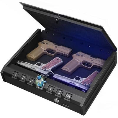 Large Biometric Gun Safe - Fingerprint Pistol Safe with Internal Light, Three Unlock Methods, and Emergency Power Supply - $75.99 + FREE Shipping