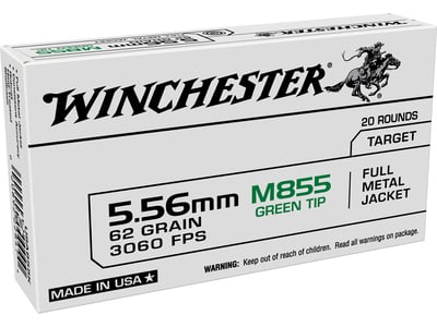 Winchester USA 5.56x45mm NATO 62 Grain M855 SS109 Penetrator FMJ20 Rnd - $13.49