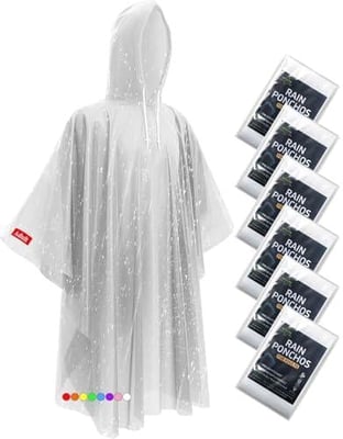 Disposable Rain Ponchos - Extra Long Waterproof Emergency Poncho with Hood for Adults, Bulk Family 6 Pack Raincoat for Park, Concerts, Hiking, Camping Essentials, Home Emergency Survival Kits, Clear - $9.48 + FREE Shipping
