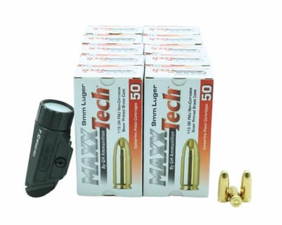 BUNDLE - Black Holosun P.ID Pistol Light & 500 Rounds of MaxxTech 9mm 115 Grain Ammo - $213.20 w/ Code: "GUNDEALS10"