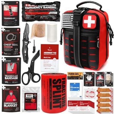 Lightning deal! - Survival First Aid Kit with Israeli Bandage, Chest Seal, Tourniquet, Splint, Tactical Military Combat Molle IFAK for Wound Care, Bleeding Control, Trauma Hemorrhage and More (Red) - $39.99 + FREE Shipping