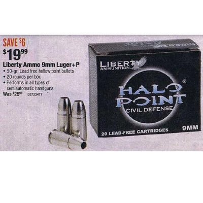 Liberty Ammo 9mm Luger +P 50-Gr. CD 20 Rnds - $19.99 (Valid on Black Friday 2013 in-store only) (Free Shipping over $50)