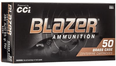 CCI Blazer Brass .380 ACP Ammunition 95 Grain FMJ 50 Rounds - $14.99 