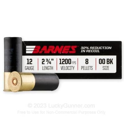 12 Gauge - 2-3/4" 8 Pellets 00 Buck - Barnes Defense Buckshot - 5 Rounds - $13