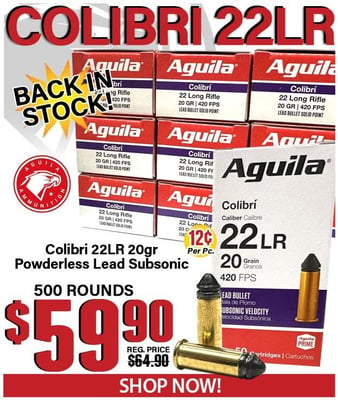 Aguila Colibri 22 LR Subsonic Powderless Lead 20 Grain 420 FPS 500 Round Brick - $59.90
