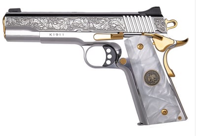 Kimber 1911 CNCPATRIA Patria 38 Super 9+1 Gold Plated PVD Barrel, Polished Stainless Steel Engraved/Serrated Slide, Stainless w/Gold Accents Frame, Pearl Grip - $1892.31 