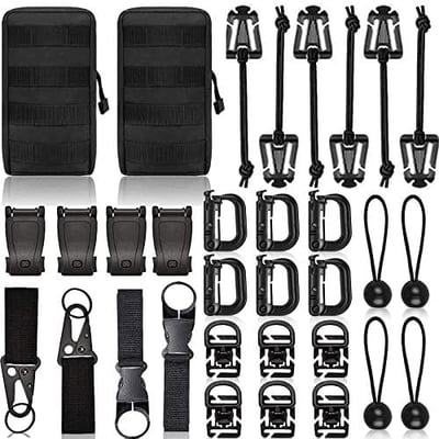 Molle Accessories Kit of 28 Attachments, D-Ring Grimloc Locking Gear Clip for 1“ Webbing Strap Tactical Backpack Web Dominator Elastic Strings Strap - $17.28 + FREE Shipping