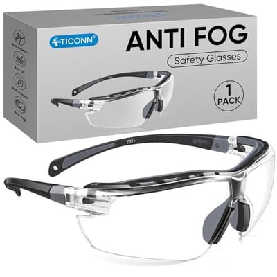 TICONN Anti-Fog Safety Glasses for Men and Women, ANSI Z87.1 Scratch Proof Eye Goggles with Adjustable Arms and UV Protection (Clear, 1PK) - $8.63 + FREE Shipping