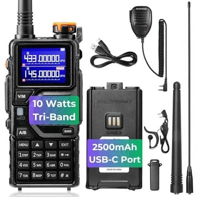BAOFENG K5PLUS Tri-Band Ham Radio Long Range, UHF VHF 1.25M Handheld 10W Tri-Power Two Way Radio with Airband, NOAA, 2500mAh Battery, Speaker Mic, 999CH, Frequency Copy, Scramble - $25.99  + FREE Shipping