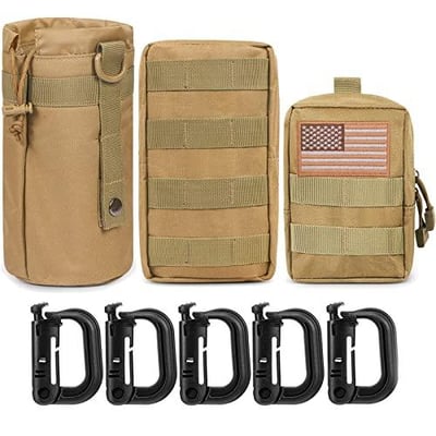 Gogoku 3-Pack Combo Molle Pouch Water Bottle Pouch Holder with Detachable Flag Patch & 5 D-Ring Clip Tactical Molle Pouches Compact Utility EDC Waist Bag Pack Khaki - $8.99 50% off + FREE Shipping