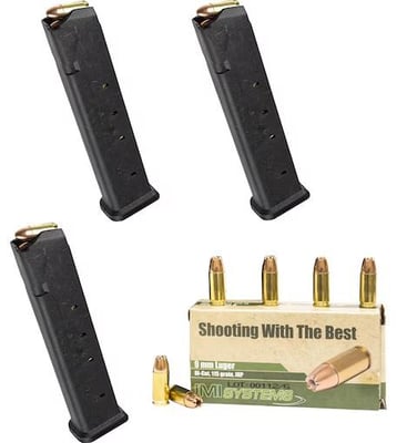 Magpul PMAG 17 GL9 Magazine Glock 17, 19X, 34 Gen 1, 2, 3, 4 3PK with IMI 9mm Luger Ammo Box of 50 - $63.63 (Free Shipping on $100+ Orders)