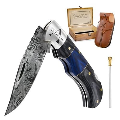 FH KNIVES 6.5' Personalized Engraved Damascus pocket knife Small folding knife - $26.49 + FREE Shipping