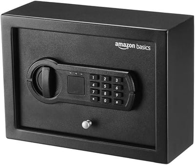 Amazon Basics Small Slim Desk Drawer Security Safe with Programmable Electronic Keypad, Black, 11.8''W x 8.6''D x 4.4''H - $32.99 + FREE Shipping