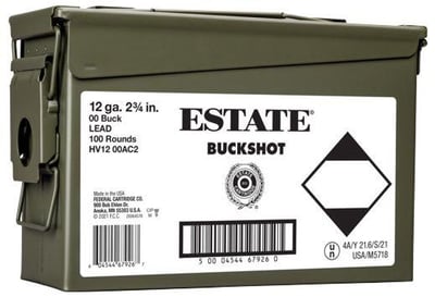 Estate 12 GA Ammo 2-3/4" 00 Buckshot 9 Pellet 100 Rounds in Ammo Can HV1200AC2 - $99.99 