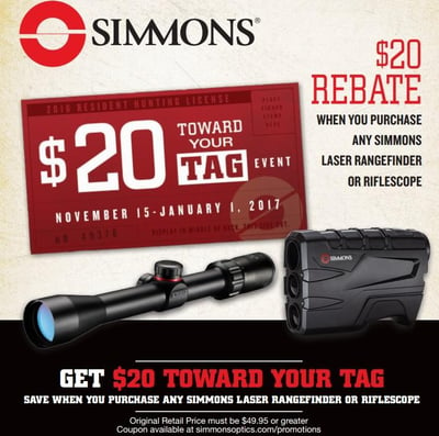$20 Off All Simmons Riflescopes and Volt 600 Laser Rangefinders