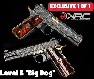 Kings River Custom, Level 3 "Big Dog" Fully Engraved, DLC High Polish Slide & Frame, Gold Tin Small Parts, Presentaion Grade Burl Desert Iron Wood Grips, Bespoke Walnut Display Box, First of its kind from KRC!! - $15999.95
