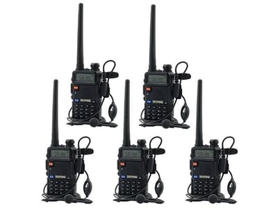 BaoFeng UV-5R UHF VHF Dual-Band Two-Way Radio with Earpiece + 1 Programming Cable - 5 Pack - $94.99 ($6 flat S/H or Free shipping for Amazon Prime members)