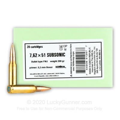 Sellier & Bellot Subsonic 7.62x51 200 Grain FMJ 20 Rounds - $26
