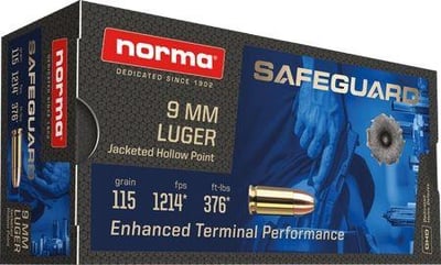 Norma Safeguard 9mm JHP 115 Gr Handgun Ammo - 50 round box - 610540050 - $24.99 (FREE Shipping over $50)