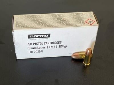 IN STOCK!- NEW Brass 9MM 124 Gr FMJ by Norma Range White box – Made in Germany – QTY 50 - $17.99