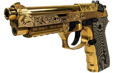 EAA GIRSAN 390088 Regard MC Deluxe 9mm Luger 18+1, 4.90" SS Barrel, Gold Plated Serrated w/Engraving Steel Slide & Aluminum Frame w/Picatinny Rail, Black G10 Grip, Ambidextrous - $799 