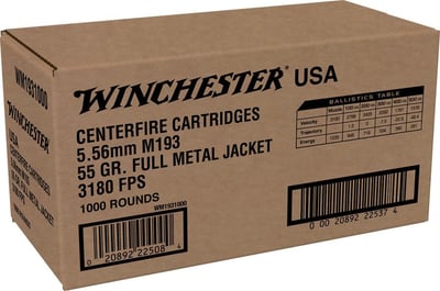 Winchester USA Lake City M193 Rifle Ammunition 5.56mm 55gr FMJ 3180 fps 1000/ct (Bulk) - $494.99