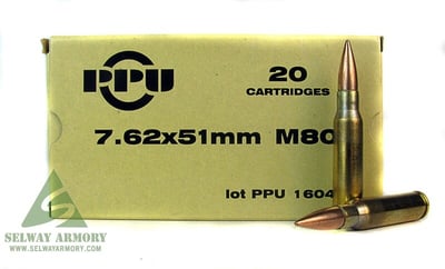 Prvi Partizan 7.62x51mm NATO 145 Gr. M80 Full Metal Jacket Boat Tail- Box of 20 - $14.99 (Free Shipping over $50)