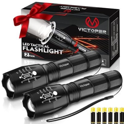 Victoper LED Flashlight 2 Pack, Bright Tactical Torch High Lumens with 5 Modes, Waterproof Zoomable Flash Light for Outdoor, Hunting, Camping, Essentials Gear - $7.99 + FREE Shipping