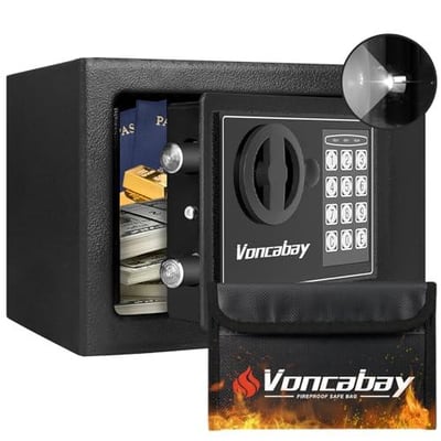 Voncabay Money Safe Box for Home with Sensor Light & Fireproof Money Bag - 0.23 Cubic Feet Security Safe Box with Digital Keypad, Keys & Pass Code Lock, 9.05" W x 6.69" D x 6.69" H, Black - $29.99 + FREE Shipping