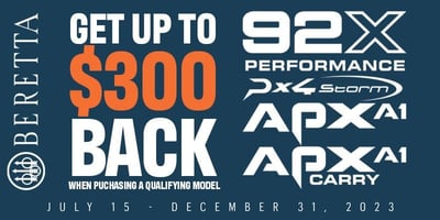 Get up to $300 back with mail-in rebate when you purchase a qualifying APX A1, APX A1 Carry, PX4 Storm, or 92X Performance pistol