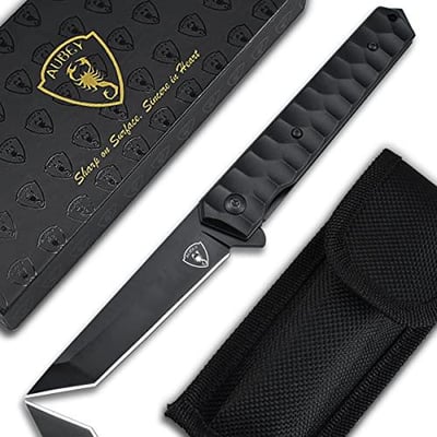 AUBEY Tanto Blade EDC Knife, 440 Steel Pocket Folding Knife with Liner Lock, Clip, Aluminum Handle and Glass Breaker (Black) - $17.99 + FREE Shipping