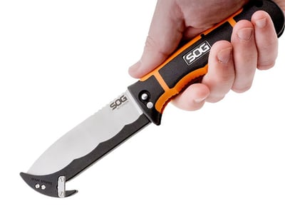 SOG 4.5 in. RotoHook Straight-Edge Fixed Steel Drop Point Blade Knife and Guthook, Satin Finish - $13.99 ($6 flat S/H or Free shipping for Amazon Prime members)