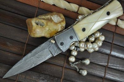 Handcrafted Damascus Hunting Folding Knife Mammoth Bone Handle - $49 shipped